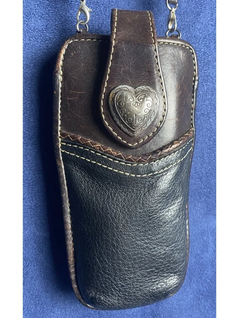 Vg BRIGHTON Black / Brown Leather Glasses Sunglasses Case w Braided Strap Heart
